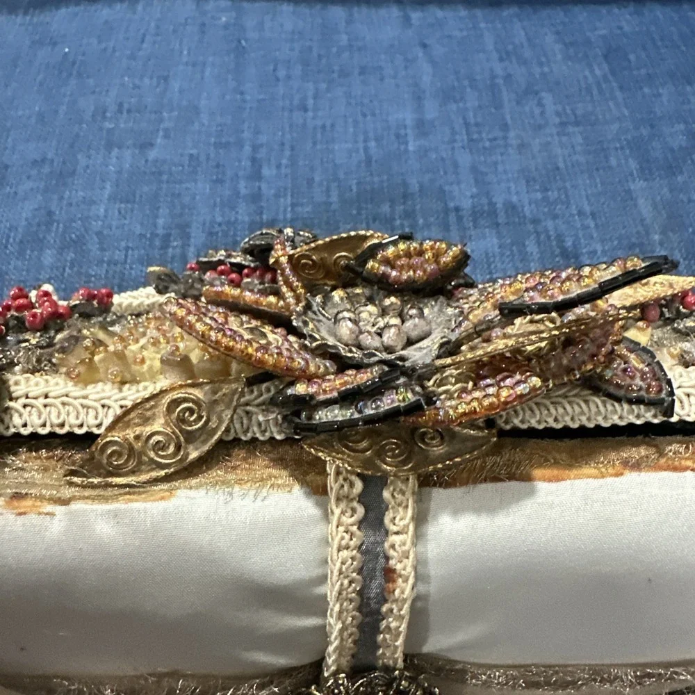 Mary Frances Beaded Handbag Purse, Jewels, Feathers, Floral Brown Hard Case